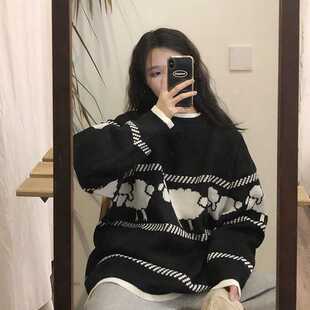 慵懒风情侣毛衣2025秋冬新款复古提花学生宽松显瘦套头针织上衣女