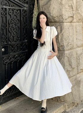 POLO领泡泡袖过膝连衣裙女学生夏季新款学院风小个子纯色衬衫裙子