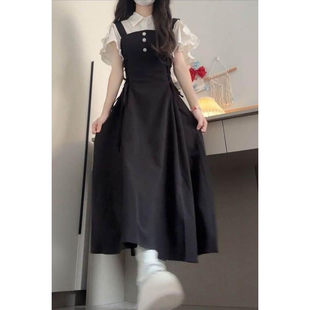 学院风吊带连衣裙女学生日系复古中长款 单件套装 百搭过膝背带裙子