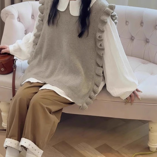 美拉德毛衣针织衫马甲女学生荷叶边叠穿无袖马夹背心上衣两件套装