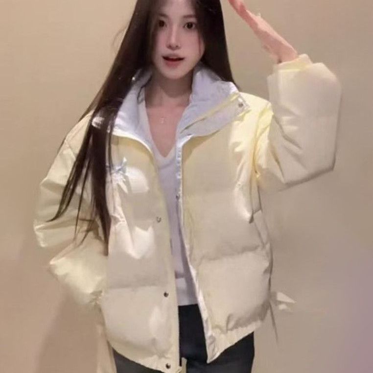 韩版温柔奶黄色拼接撞色棉服外套