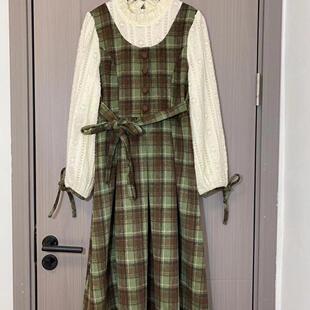 学院风格子蝴蝶结长袖连衣裙女学生韩版宽松收腰显瘦假两件A字裙