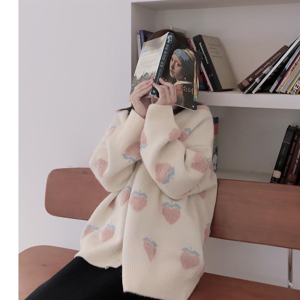 日系甜美可爱草莓提花毛衣女秋冬宽松慵懒风软糯针织衫外套上衣