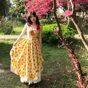 绝美设计感海边度假风不规则印花收腰显瘦女连衣裙内衬蕾丝半身裙