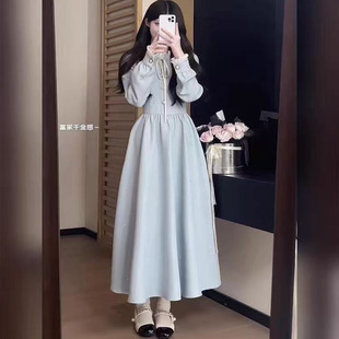 连衣裙女收腰显瘦精致感长裙子 蕾丝小立领千金长袖 秋冬季 2025新款