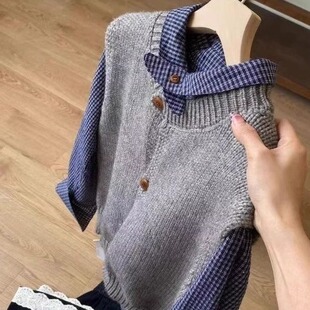 复古蓝色翻领格子衬衫 针织马甲两件套 灰色坎肩毛衣背心外穿开衫