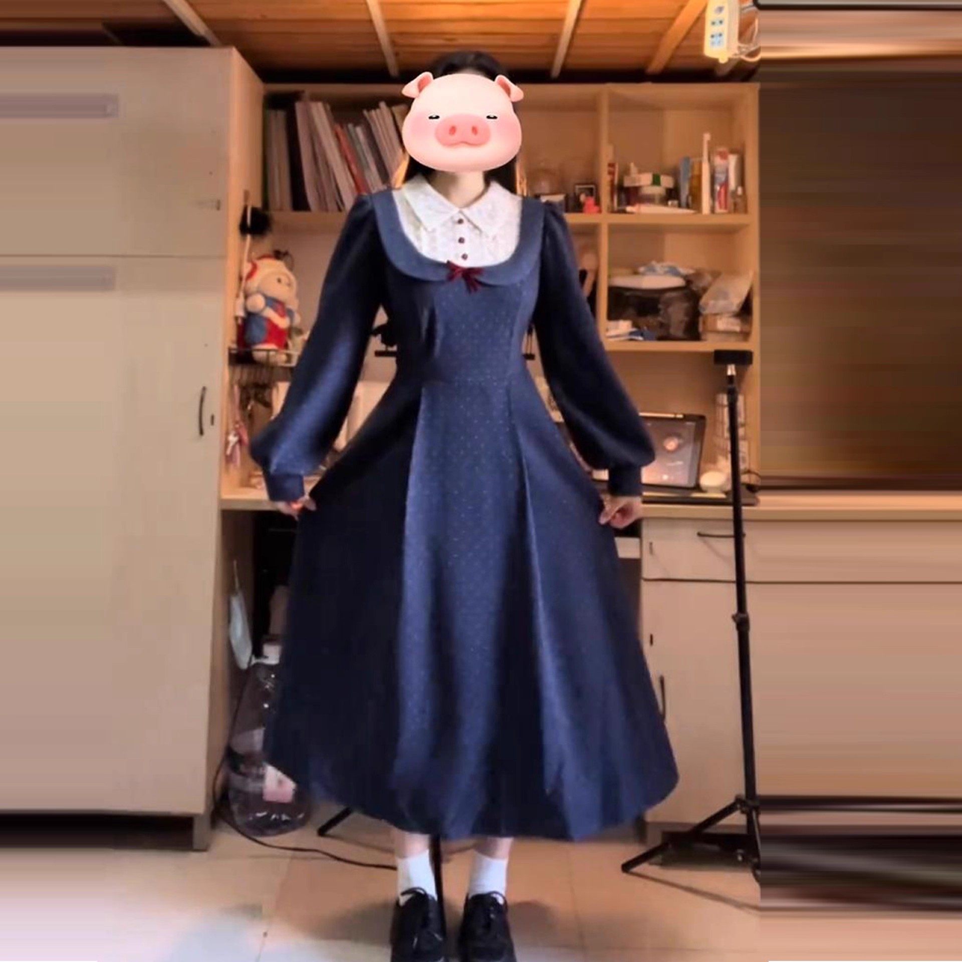 秋冬大码显瘦假两件波点连衣裙