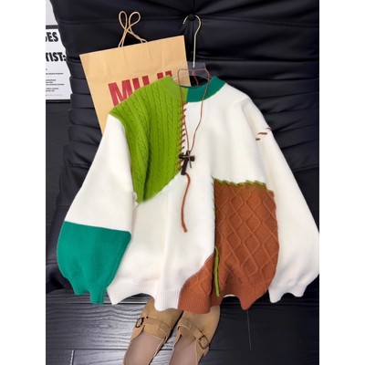 美式复古拼接圆领毛衣