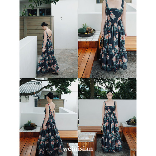 WEINISIAN朱小姐澳洲定制复古碎花连衣裙露背显瘦沙滩裙长裙女夏