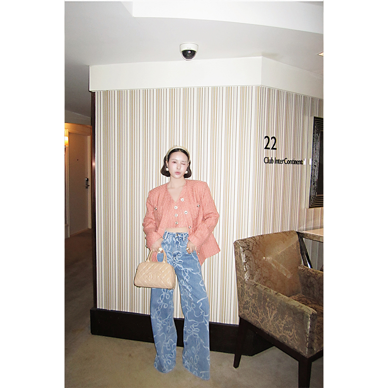 小众设计印花阔腿裤女春秋高腰洗水牛仔长裤宽松直筒裤