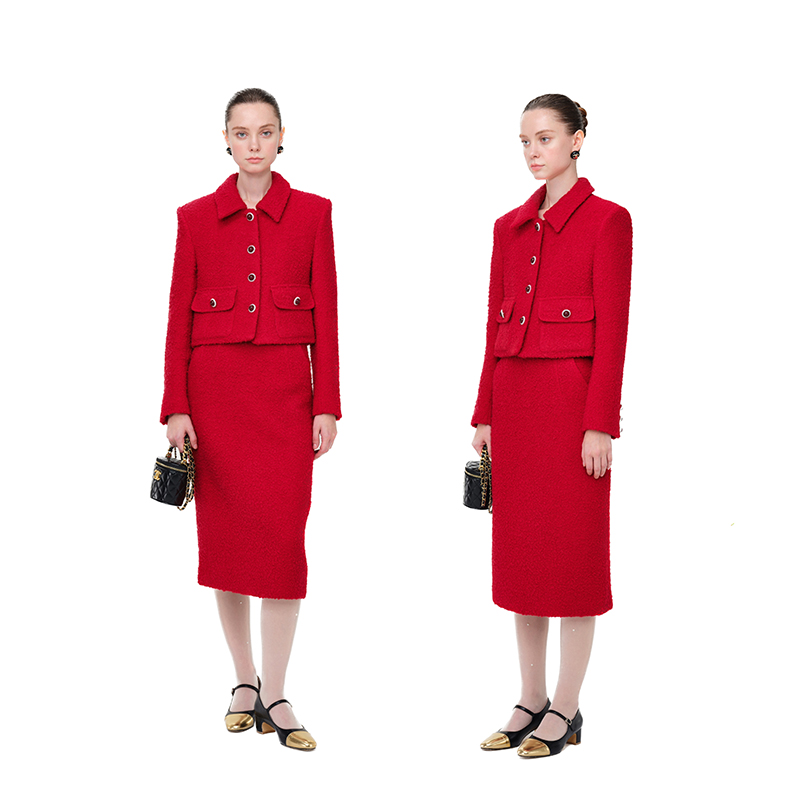 圣诞之绵羊毛重工套装女过年红色小香时尚高级感两件套