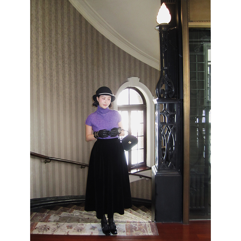 复古丝绒百褶裙