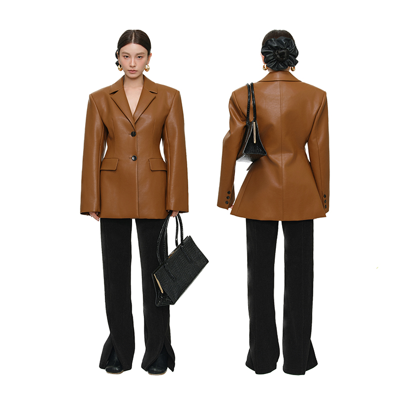 小众系列 皮衣女西服外套通勤收腰气质复古皮上衣
