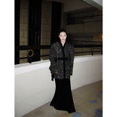 小众设计中古系列黑金小香拼接丝绒无领外套女秋冬高级感绑带上衣