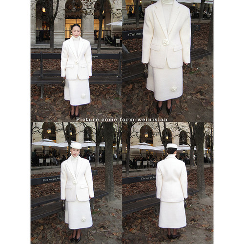 WEINISIAN朱小姐山茶花绵羊毛外套半身裙两件套套装女205新款冬季