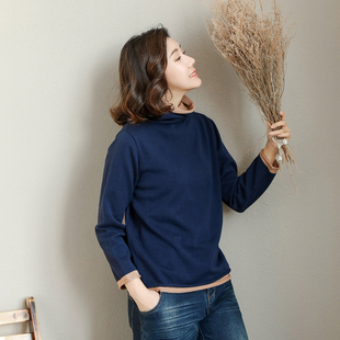 套头假两件毛衣女半高堆堆领打底纯棉针织衫 宽松长袖 新款 2020春季