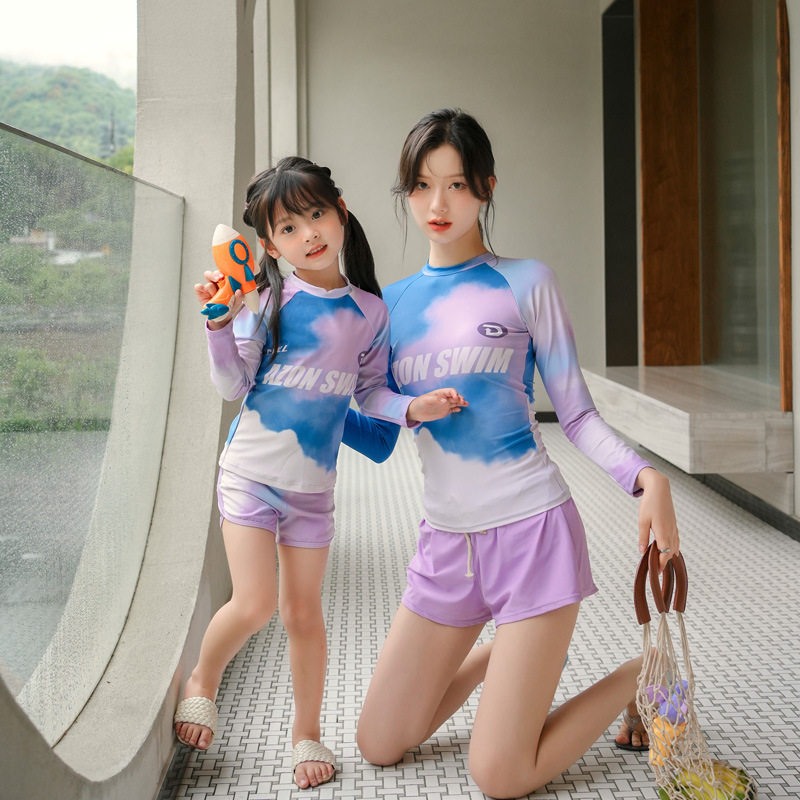 休闲运动保守亲子泳装 长袖泳衣 儿童小中童平角泳裤分体母女