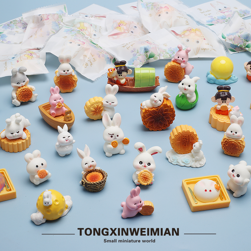 迷你月饼盲袋套装中秋节兔子吉祥物仿真动物模型小摆件玩具小礼物