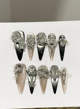 纯手工穿戴甲高级秋冬黑色猫眼长尖美甲片欧美重工爆闪假指甲贴片