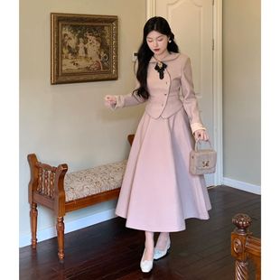 裙女法式 冬季 粉色小香风毛呢套装 气质高级感显瘦富家千金套装 新款
