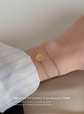 洗澡不用摘周家双层福牌手链女ins小众轻奢高级感配饰18K金色手镯