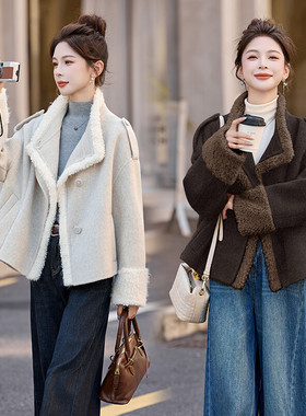 原创双面呢羊毛短外套女2025新款羊羔领高品质小个子气质羊绒大衣