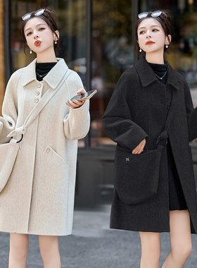 正版中长款双面呢羊毛大衣高级感2025新款气质文雅小个子羊绒大衣