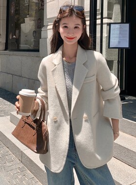 正版手工缝制高支双面羊绒西装女时尚减龄轻软柔暖高级感羊毛外套