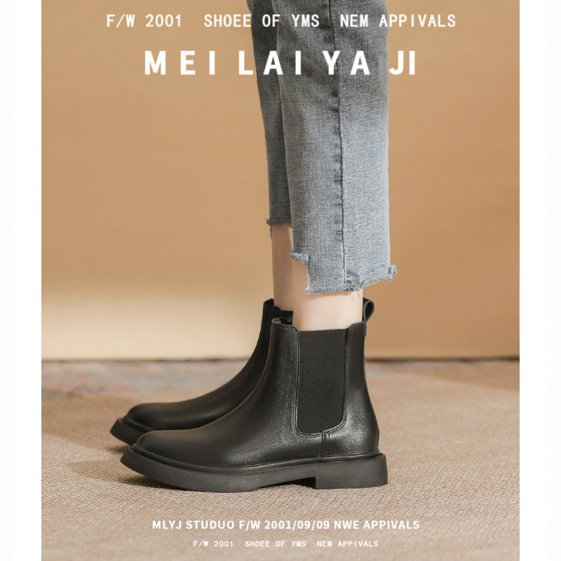 EMEISI BLACK PLATFORM CLOTTER BOOTS CHELSEA BOOTS MARTIN BOOTS WOMENS SPRING AND AUTUMN SINGLE BOOTS BRITISH STYLE PIPE BOOTS