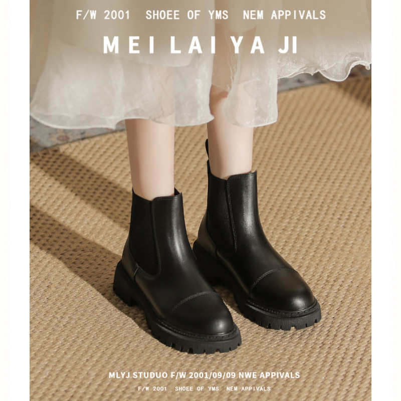 YIMEI SILK BLACK LEATHER PLATFORM CHIMNEY BOOTS WOMENS SPRING AND AUTUMN SINGLE BOOTS 2024 NEW CHELSEA MARTIN BOOTS FOR WOMEN