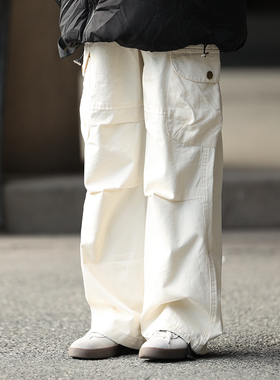 水曜日定休 日系宽松复古休闲裤男保暖大口袋设计堆积感长裤情侣