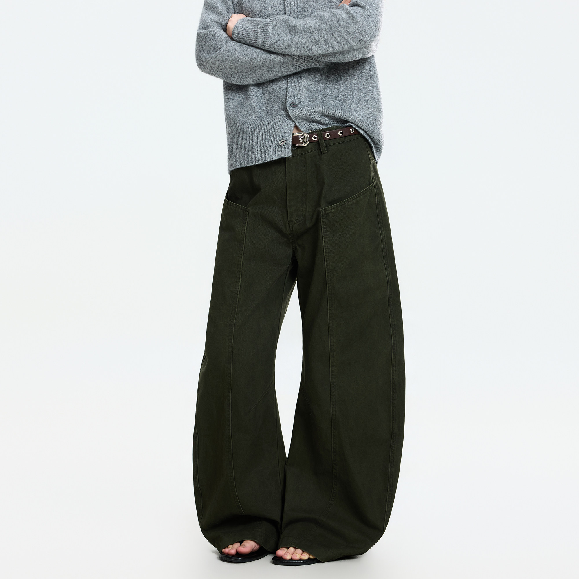 Syri高级感军绿色立体拼接弯刀休闲裤男女直筒宽松阔腿裤拖地裤子,男装,休闲裤,淘宝优惠券,粉丝福利购,淘宝优惠卷