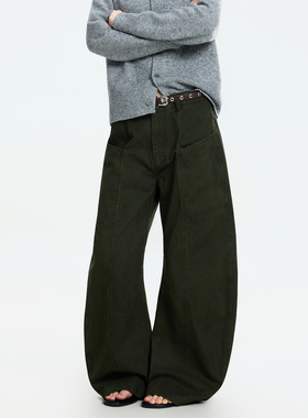 Syri高级感军绿色立体拼接弯刀休闲裤男女直筒宽松阔腿裤拖地裤子