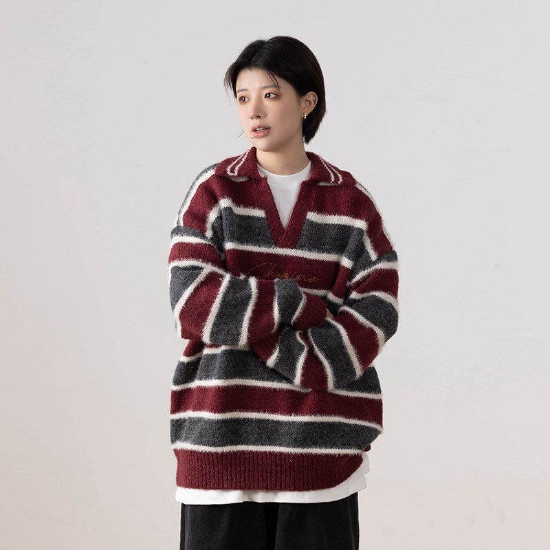 水曜日定休2024秋冬款拼接撞色v领针织毛衣男女同款翻领情侣上衣,女装/女士精品,毛衣,淘宝优惠券,粉丝福利购,淘宝优惠卷