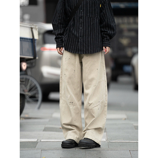 水曜日定休早秋泼墨刷漆设计休闲裤 子 男日系直筒宽松加厚帆布长裤