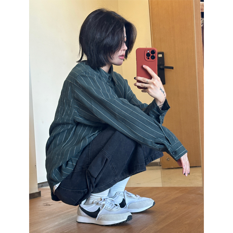 翻领条纹长袖衬衫廓形百搭翻领