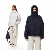 Syri冬季 斜拉链面罩帽型排骨羽绒服男女美式 螺旋防风羽绒外套上衣