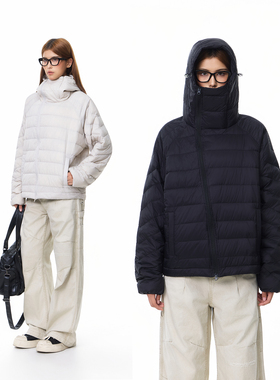 Syri冬季斜拉链面罩帽型排骨羽绒服男女美式螺旋防风羽绒外套上衣