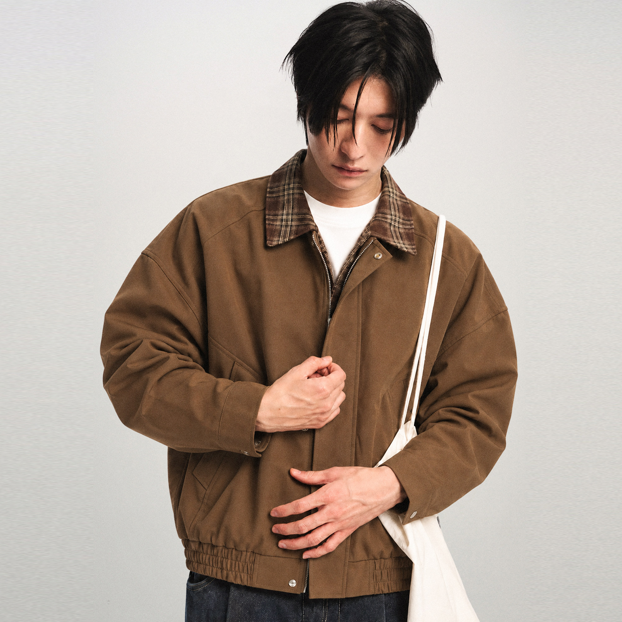 SYRI 美式假两件叠穿格纹夹克男cleanfit撞色拼接短款秋冬外套
