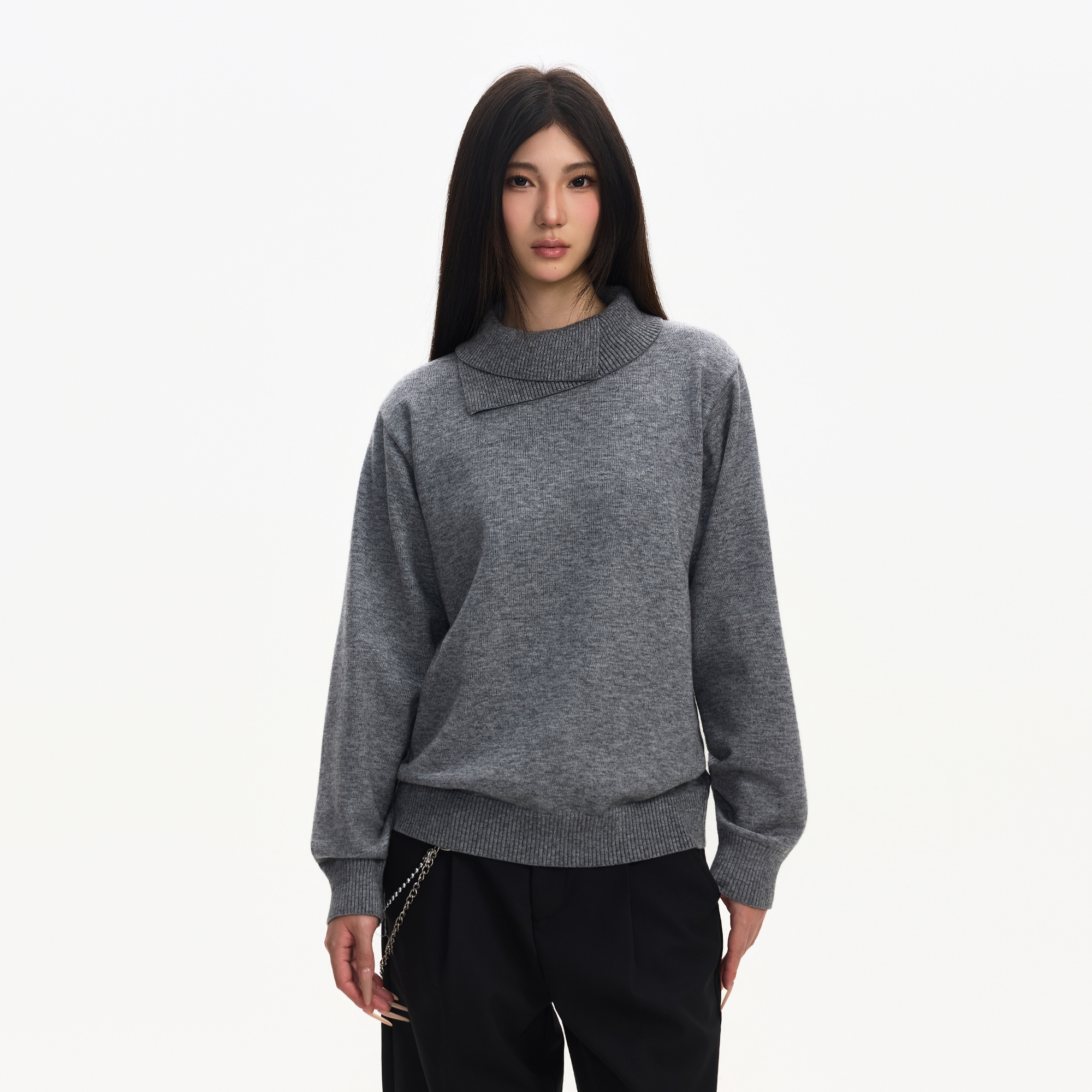 双层错位高领羊毛针织打底衫男