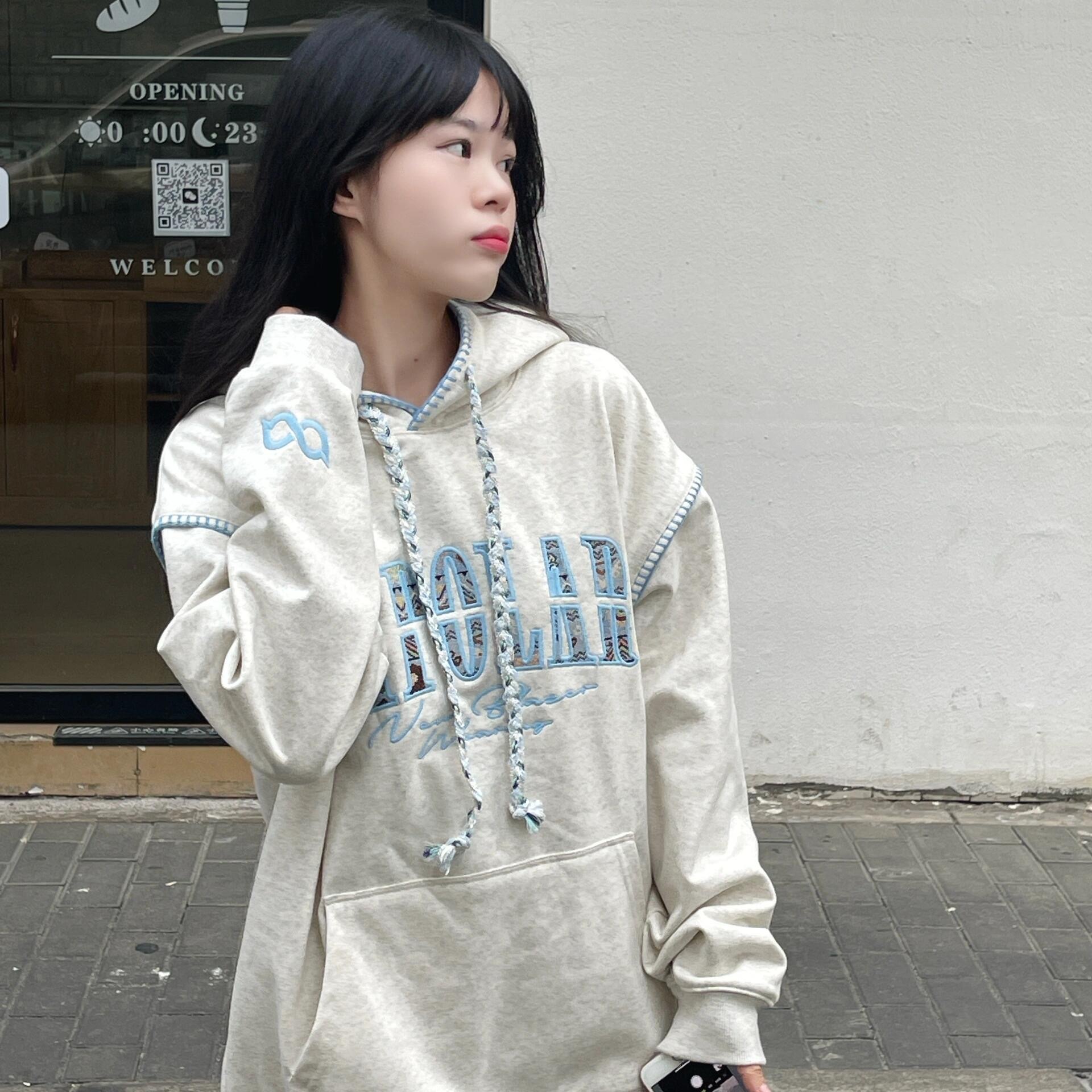 美式蕾丝格纹贴布刺绣连帽卫衣女
