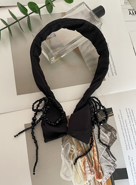 新款黑色流苏蝴蝶结高端贵族设计发带女高级感复古宫廷风头箍发饰