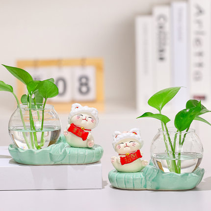 办公桌工位摆件醒狮水养插花水培桌面绿植花器陶瓷花瓶潮玩盲盒