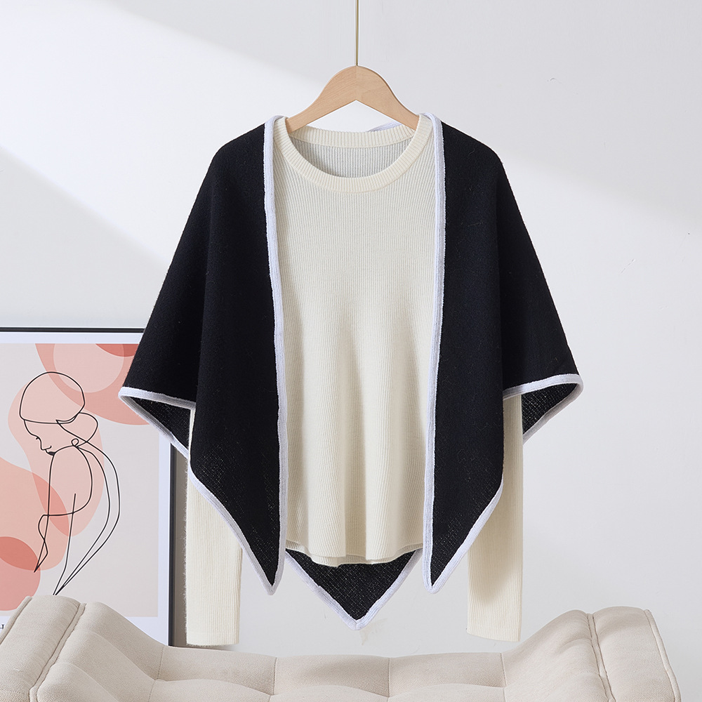 撞色设计老钱风100%纯羊毛披肩OL商务围巾女冬季保暖时尚加厚围脖