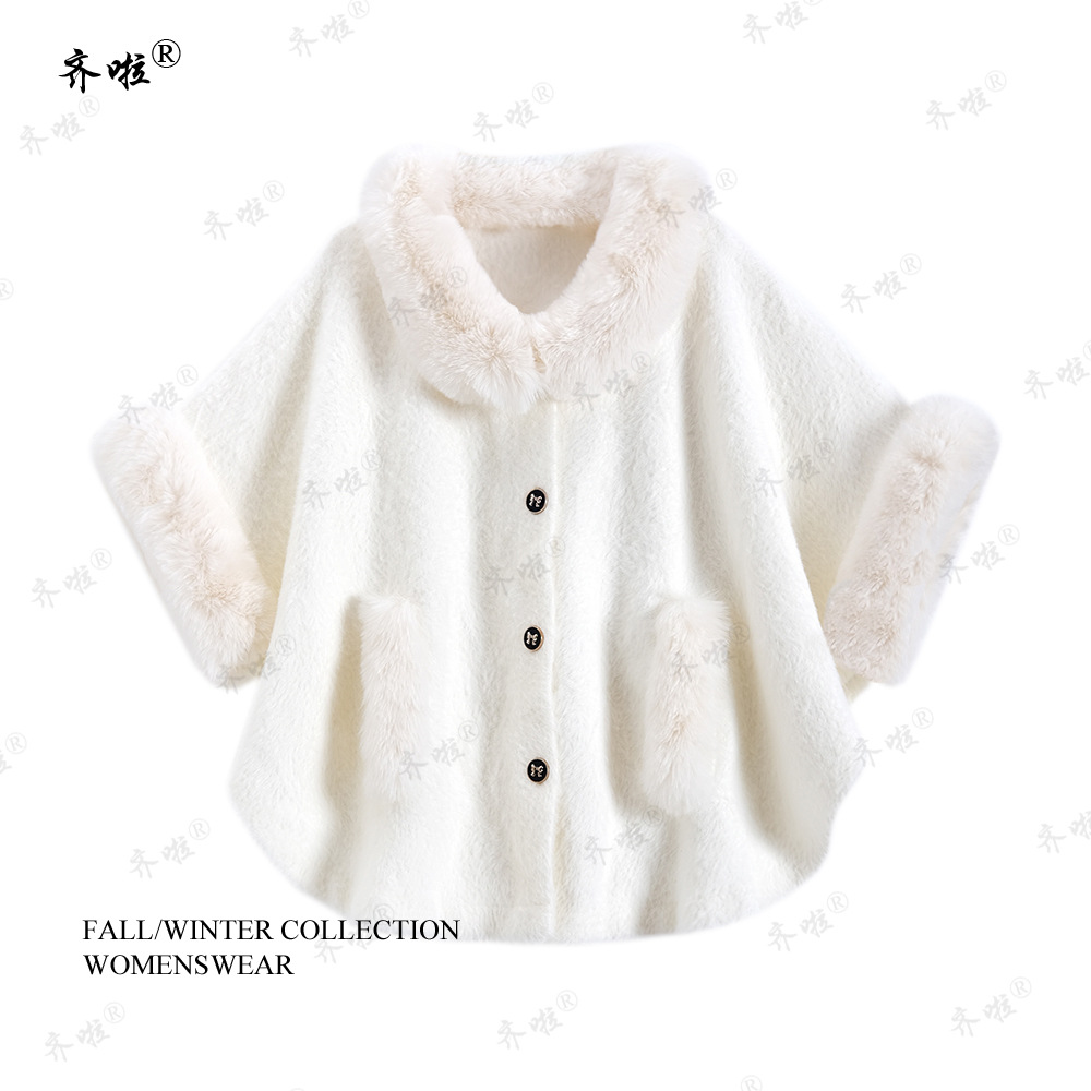 秋冬新款口袋毛领蝙蝠袖仿水貂绒搭旗袍披肩斗篷韩版短外套披风女