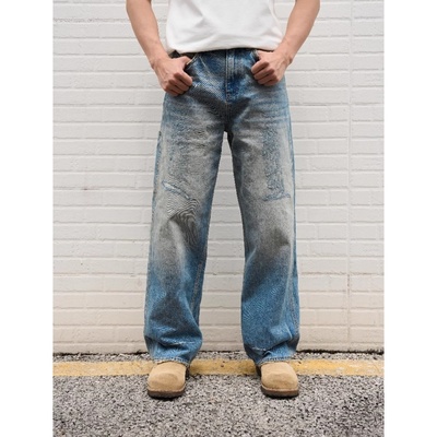14盎司撞色磨破直筒牛仔裤