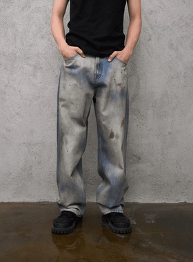 【32017】Dokie男士重工做旧阔腿裤喷马骝手工擦色牛仔裤美式复古