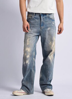 【鸟屎Ⅱ版】Dokie男士14盎司牛仔裤做旧水洗泼墨宽松直筒阔腿裤