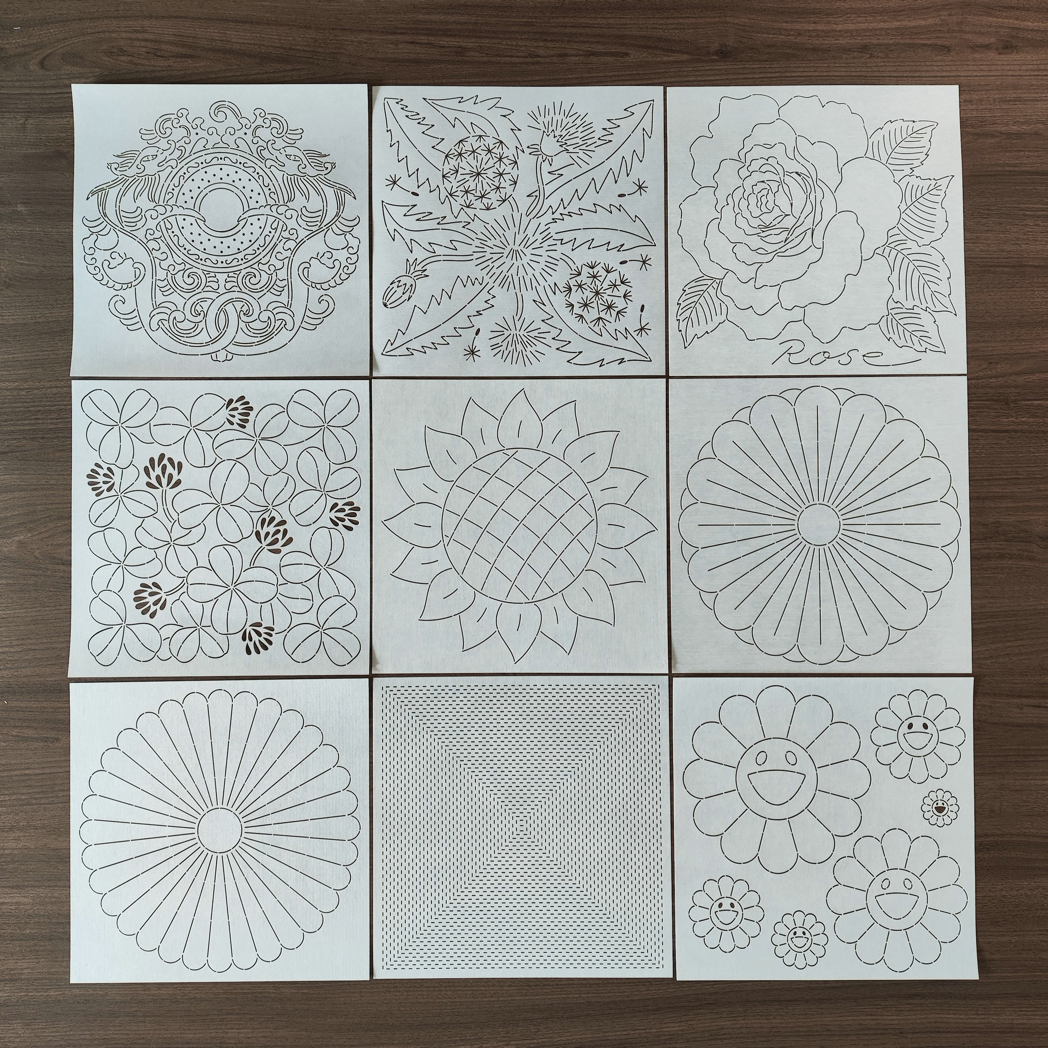 刺子绣模板吉祥纹蟠龙蒲公英幸运草玫瑰向日葵菊花正方形密密缝