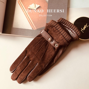 意大利进口小山羊皮羊反绒真皮手套女冬季男加绒保暖开车骑行触屏